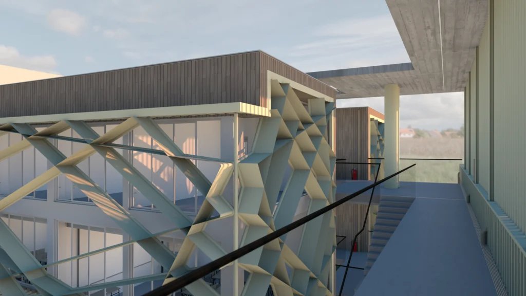 Architectural rendering of the Xatzivei School featuring a modern design with geometric exterior elements, a light-colored facade, and a wooden-clad upper level. The image showcases a walkway with a metal railing, stairs, and a view towards open fields under a clear sky, highlighting the building's contemporary aesthetic and integration with the surrounding landscape. By Modify Architects