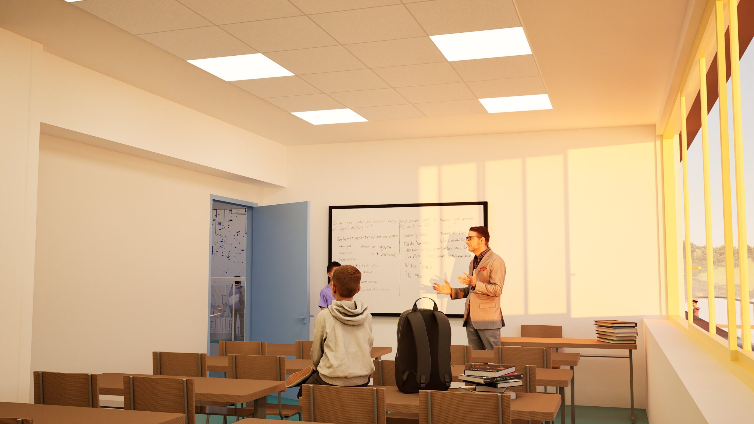 Interior view of a bright kindergarten classroom with a teacher instructing students, desks arranged in rows, a whiteboard covered in writing, and a large window offering a scenic outdoor view. By Modify Architects