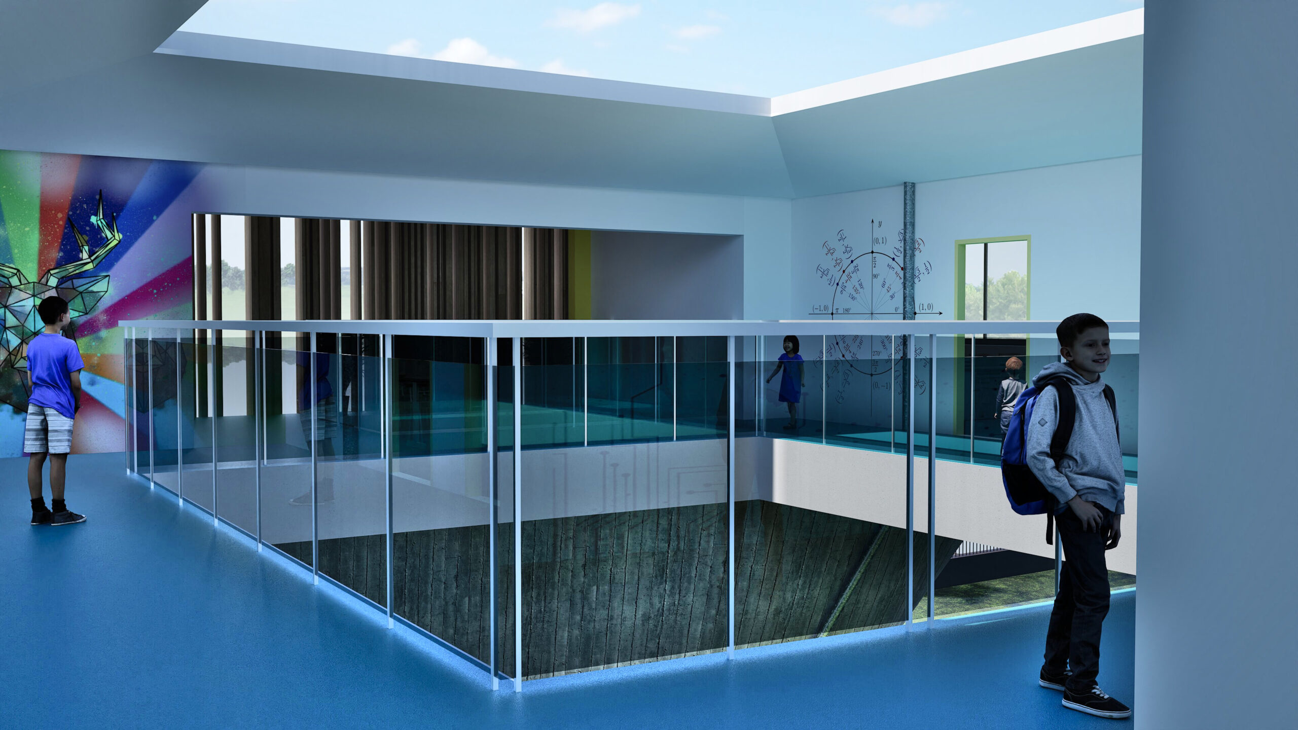 Bright interior view of the swimming pool area with glass walls, children with backpacks, colorful wall art, and a skylight, showcasing a modern and playful design for a kindergarten and swimming center. By Modify Architects