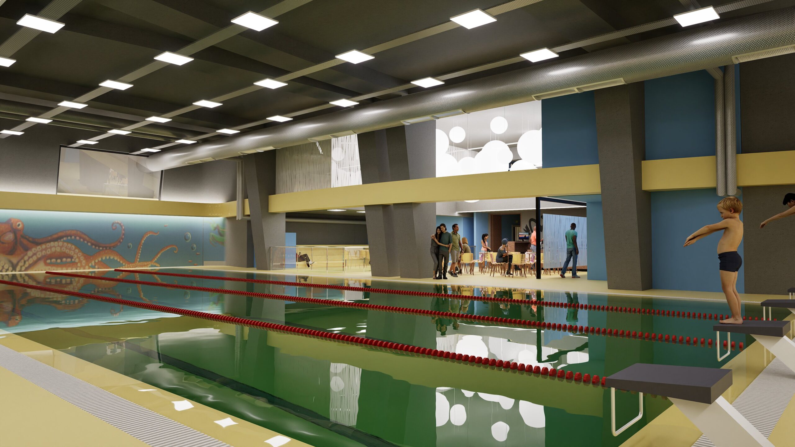 Interior view of the swimming pool area at Zagorianakou Kindergarten-Swimming Center, featuring a bright and playful design with an octopus mural, people seated at tables, and a child preparing to dive into the water under a grid of recessed lighting. By Modify Architects