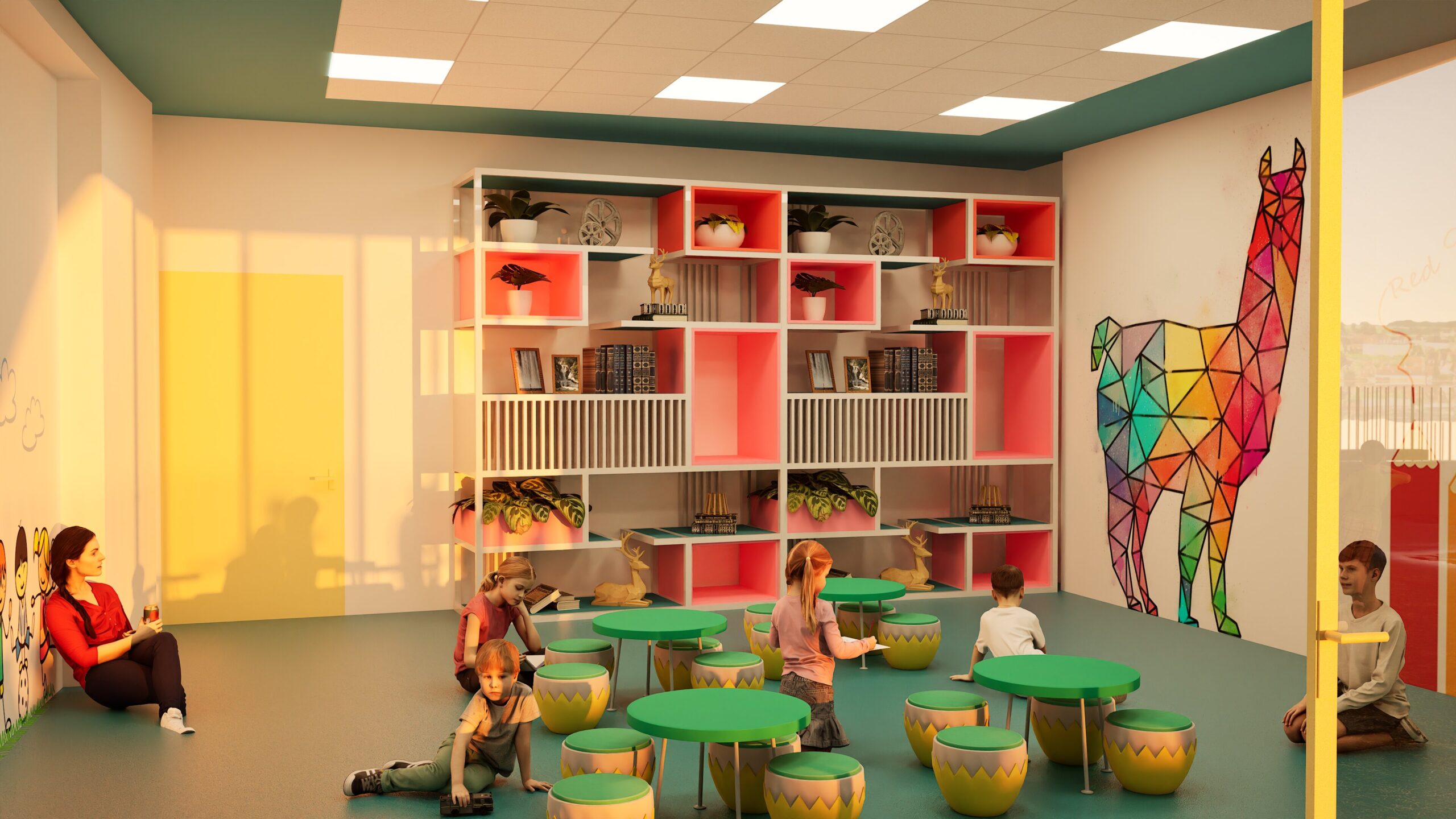 Interior view of a vibrant kindergarten playroom with children seated around small, colorful tables, a large geometric llama mural on the wall, and a bright orange and white bookshelf filled with books and decorative items, creating a cheerful and stimulating learning environment. By Modify Architects