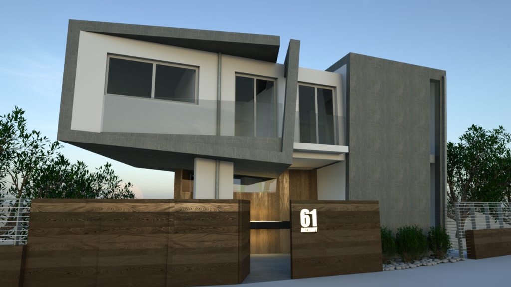 Modern residential building with a striking geometric design, featuring cantilevered upper levels, a mix of textured concrete and wood cladding, large windows, and a gated entrance with the number "61" prominently displayed. Lush greenery surrounds the property, enhancing its contemporary aesthetic. By Modify Architects