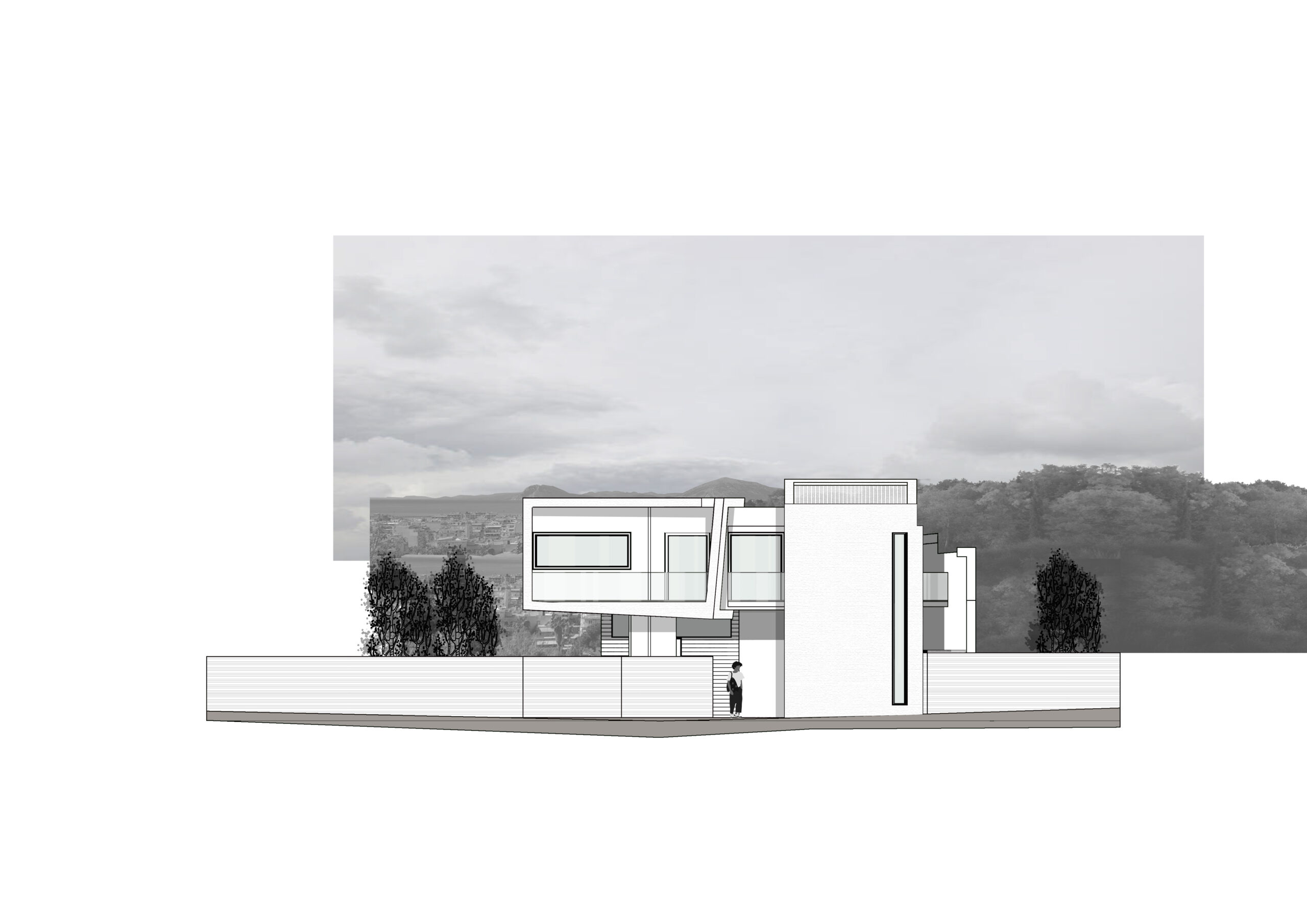 ** Architectural rendering of a modern two-story residential building with a flat roof, clean lines, and a minimalist aesthetic, set against a blurred background of a hillside town and cloudy sky. The building features a combination of white walls, large windows, and a surrounding fence with manicured trees, presenting a sleek and contemporary design. By Modify Architects