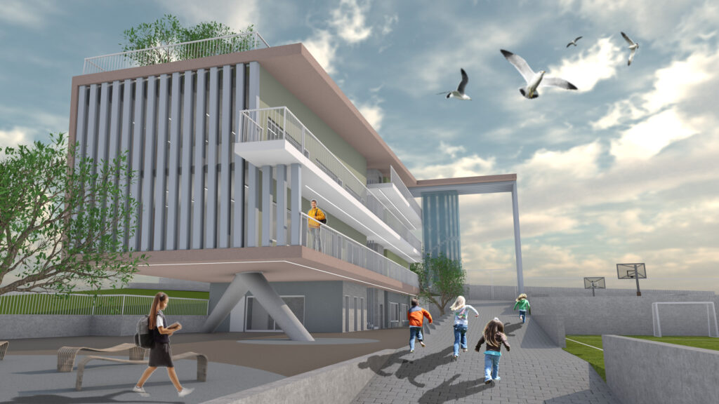 Architectural rendering of the Ellinoagliki Agwgi School, showcasing a contemporary building design with vertical white slats, a peach-colored upper section, and a cantilevered structure. Students are depicted walking and playing in the schoolyard, with a basketball court visible in the background, under a bright, cloudy sky with seagulls flying overhead. The image highlights the school's modern aesthetic and vibrant outdoor space. By Modify Architects