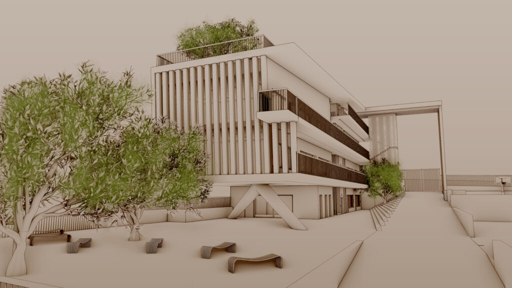 Architectural rendering of the Ellinoagliki Agwgi School, showcasing a modern three-story building with vertical facade elements, a rooftop garden, and a unique structural base. The surrounding landscape includes trees and minimalist seating, presented in a monochromatic, conceptual style. By Modify Architects