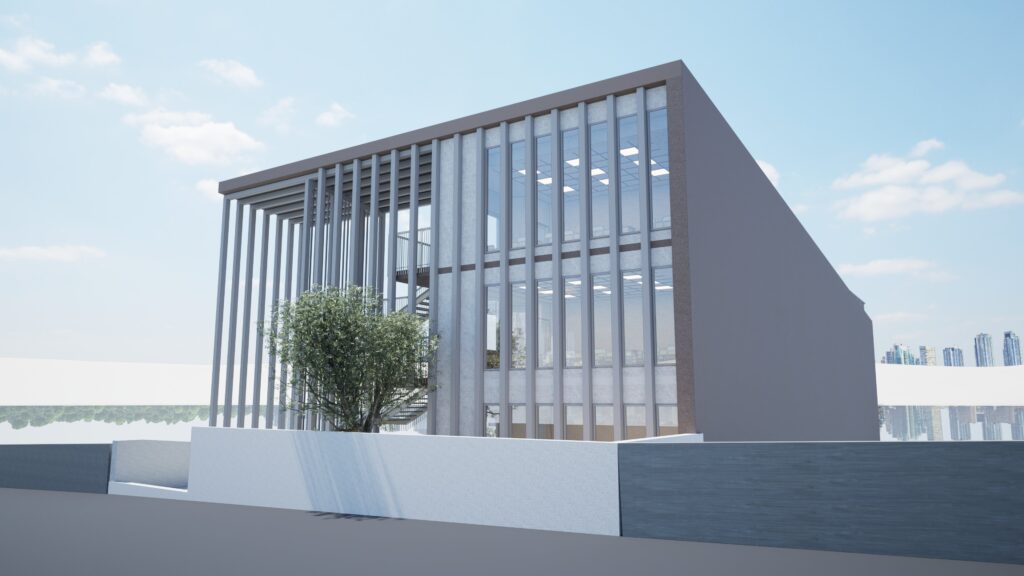 A modern architectural rendering of a three-story building with a striking glass facade framed by vertical concrete elements, set against a bright blue sky with fluffy clouds and a distant cityscape. A small tree grows in front of a low concrete wall, adding a touch of greenery to the scene. The building's design emphasizes clean lines and a minimalist aesthetic, with visible interior lighting suggesting occupancy. By Modify Architects