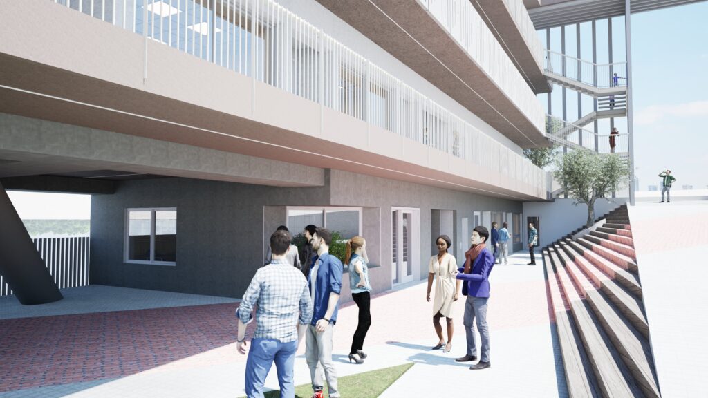 A modern architectural rendering depicts a multi-level building with a concrete base and white upper levels, featuring a wide staircase and a gathering space with people walking and conversing. The building has a contemporary design with linear elements, metal railings, and a mix of textures. A group of people are visible in the foreground, suggesting a public or communal area. By Modify Architects