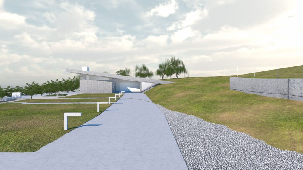 Architectural rendering of a modern, minimalist building integrated into a grassy hillside landscape with a long, angled walkway leading to the entrance, featuring a flat roof, concrete walls, and scattered trees under a cloudy sky. By Modify Architects