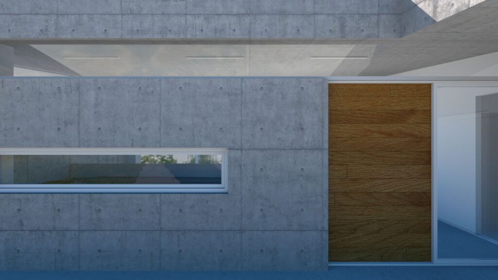 Close-up of a modern architectural detail featuring a textured concrete wall, a horizontal window revealing greenery, and a warm wooden door, with a glimpse into a bright interior space. By Modify Architects