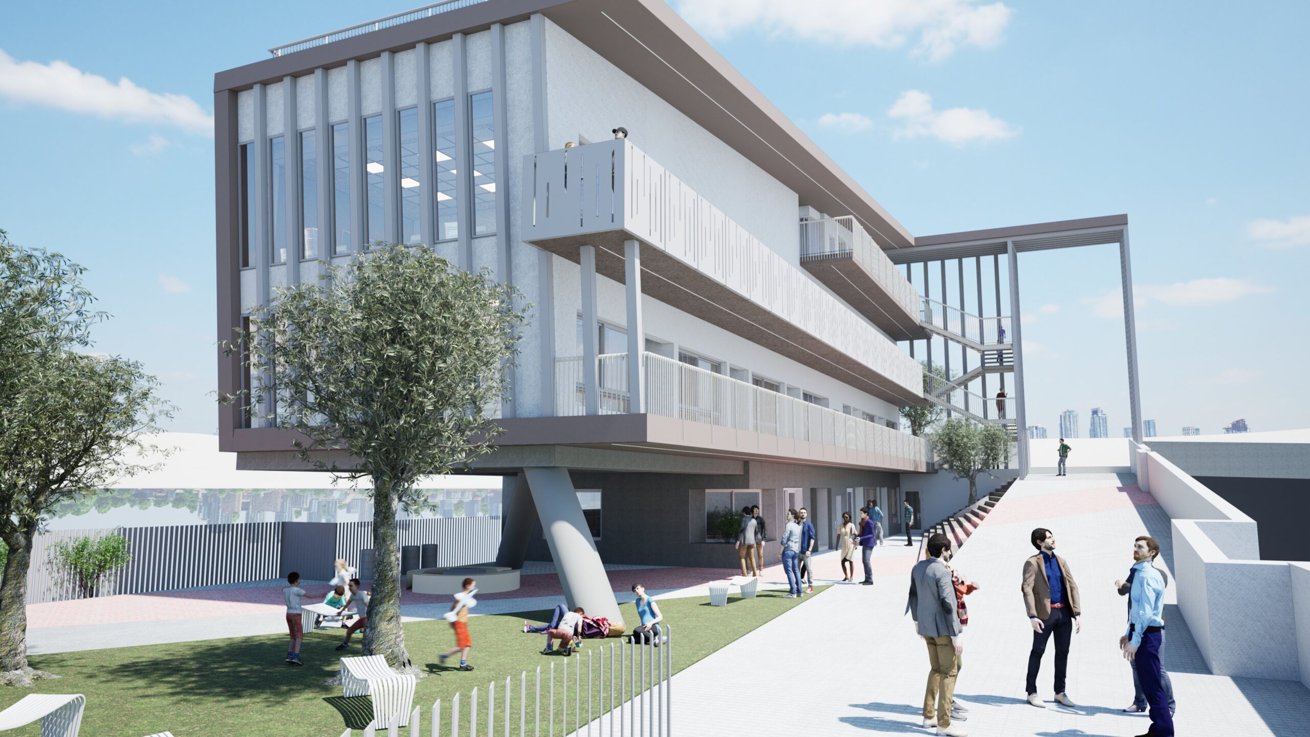A modern school building with a unique cantilevered design, featuring a walkway connecting to a second structure, surrounded by a landscaped outdoor area with people and trees under a bright blue sky. By Modify Architects