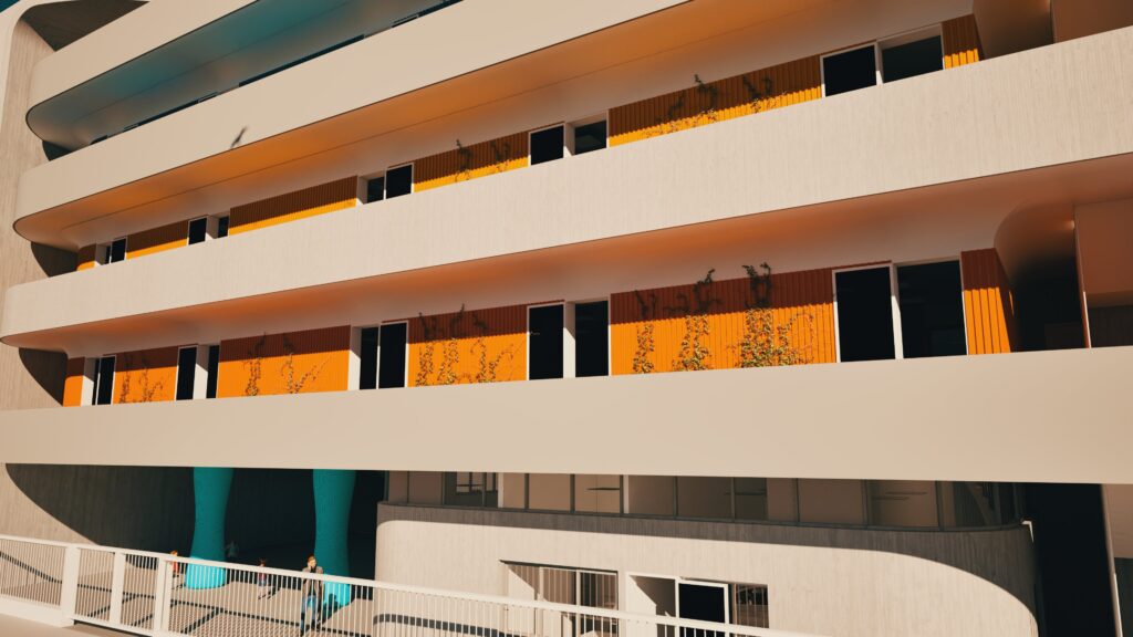 Architectural detail of the Lakoniki School featuring a curved facade with repeating balcony levels. Each balcony is accented with a vibrant orange sunshade and features greenery spilling over the railings. The building's exterior is a light beige, creating a warm and inviting aesthetic. People are visible on the lower level, suggesting a lively and active learning environment. By Modify Architects