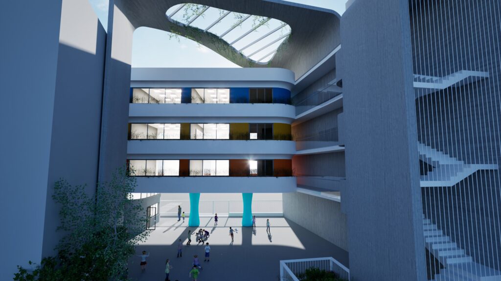 Architectural rendering of the Lakoniki School's central courtyard, showcasing a multi-story building with colorful classroom windows overlooking an open gathering space. Students are depicted interacting and playing, illuminated by natural light filtering through a skylight and the building's open design, emphasizing a vibrant and collaborative learning environment. By Modify Architects