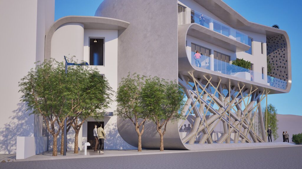 Modern architectural rendering of the Spata mixed-use building featuring a unique curved facade, intricate lattice ground floor, balconies with residents, and surrounding landscaping with trees and pedestrian activity under a clear blue sky. By Modify Architects