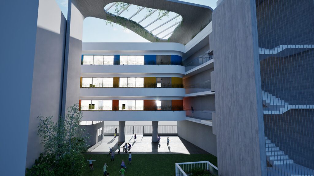 A vibrant architectural rendering of the Lakoniki School's central courtyard, showcasing a multi-story building with colorful window frames (blue, yellow, orange) surrounding an open green space. Students are depicted playing and interacting within the courtyard, illuminated by natural light filtering through a skylight and the open building structure. The design emphasizes a connection between indoor and outdoor learning environments, with modern concrete elements and lush greenery. By Modify Architects