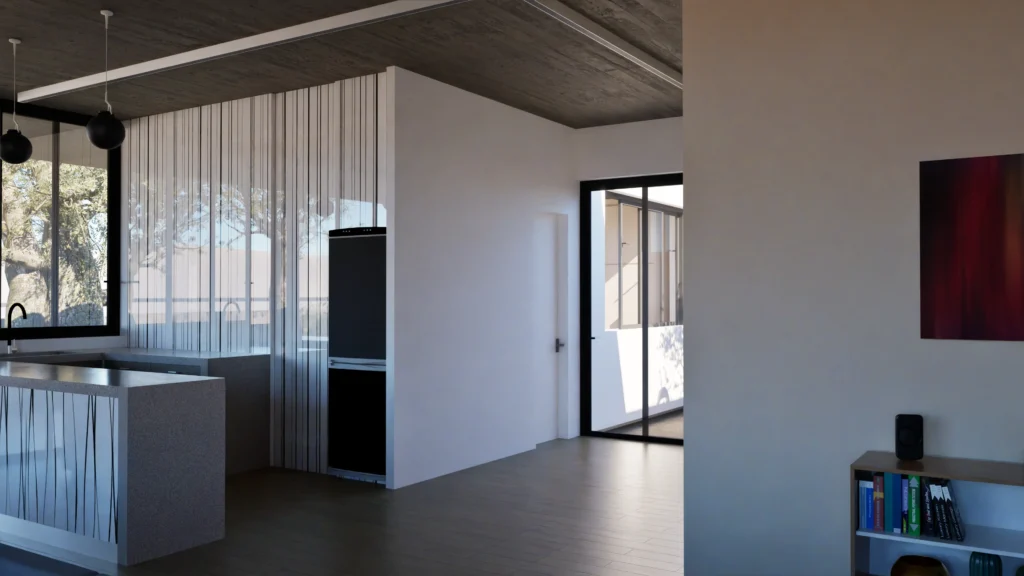 Modern kitchen interior with sleek white cabinetry, a dark wood-look floor, and large windows offering a view of lush greenery, showcasing a minimalist and contemporary design aesthetic. By Modify Architects