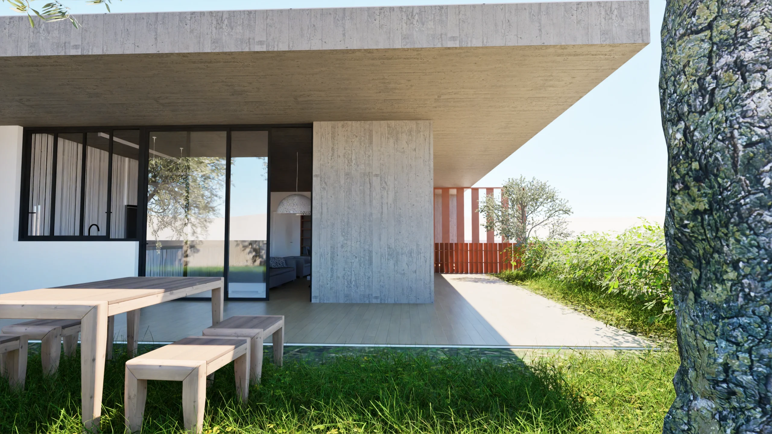 Modern concrete house exterior with a wooden dining set on a lush green lawn, showcasing a seamless indoor-outdoor living space with large glass doors and a minimalist design. By Modify Architects