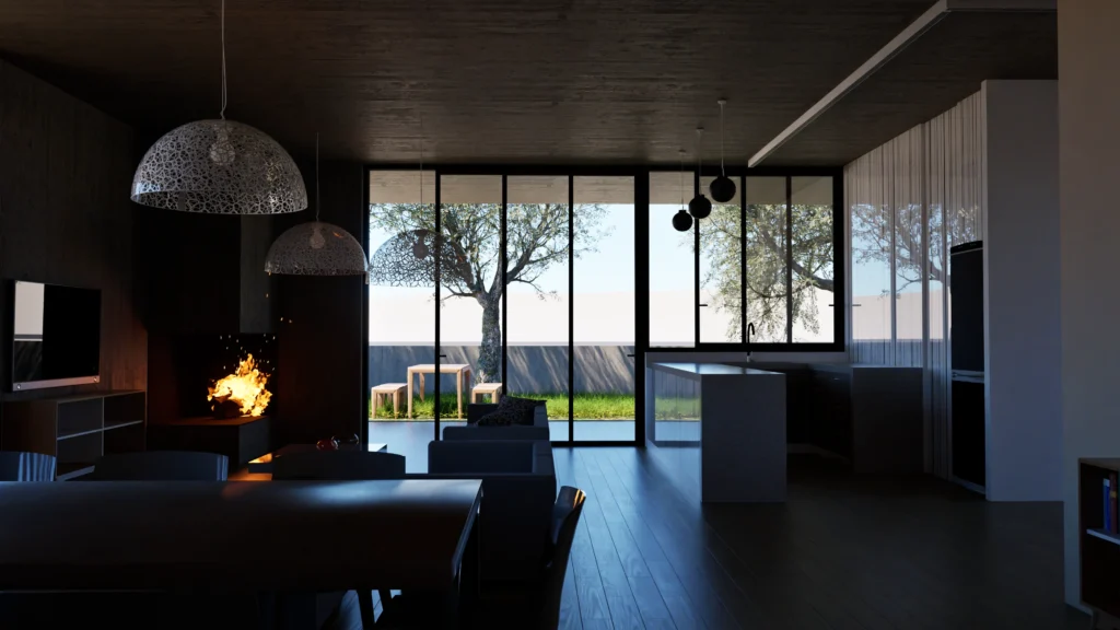 Modern living space with dark wood accents, a fireplace, and large glass doors opening to a lush garden view, featuring contemporary lighting and minimalist furniture. By Modify Architects