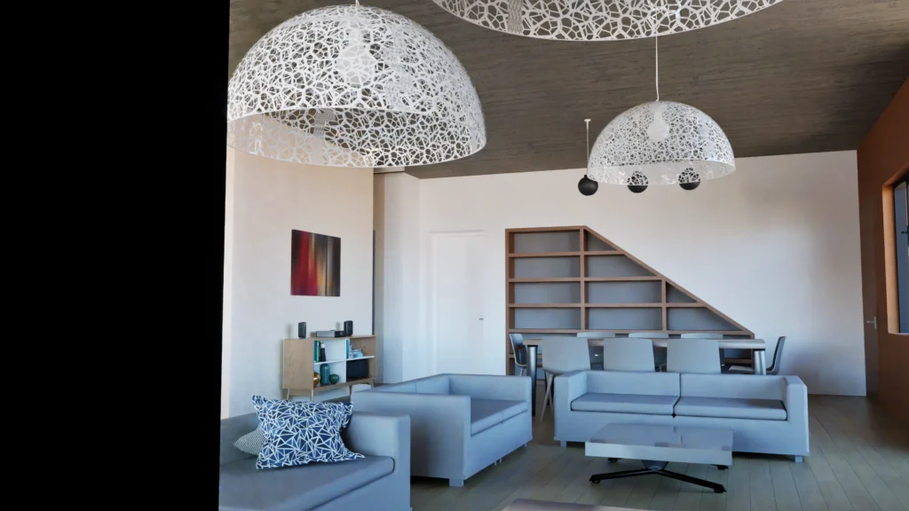 A bright, modern living room in Glyka Nera House 2 features two large, decorative white pendant lights with intricate cut-out patterns hanging from a concrete ceiling. Below, a light gray sofa and armchairs are arranged around a glass coffee table on a light wood floor. A built-in bookshelf and a colorful abstract painting add visual interest to the minimalist space. By Modify Architects