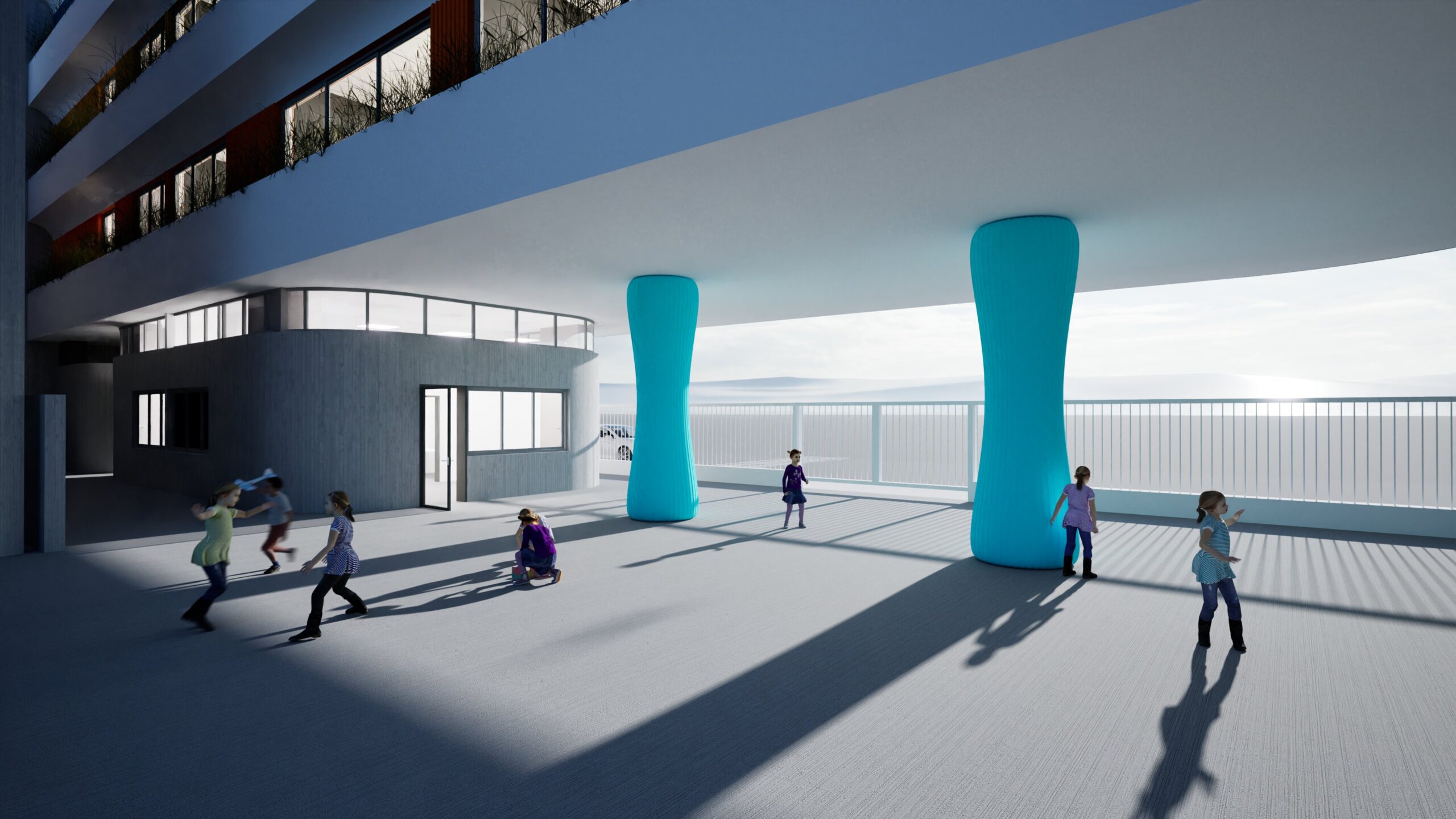 Architectural rendering of the Lakoniki School playground, featuring children playing under a modern, overhanging structure with vibrant blue columns and a view of the sea. The design incorporates a mix of concrete and glass elements, creating a bright and open space for learning and recreation. By Modify Architects