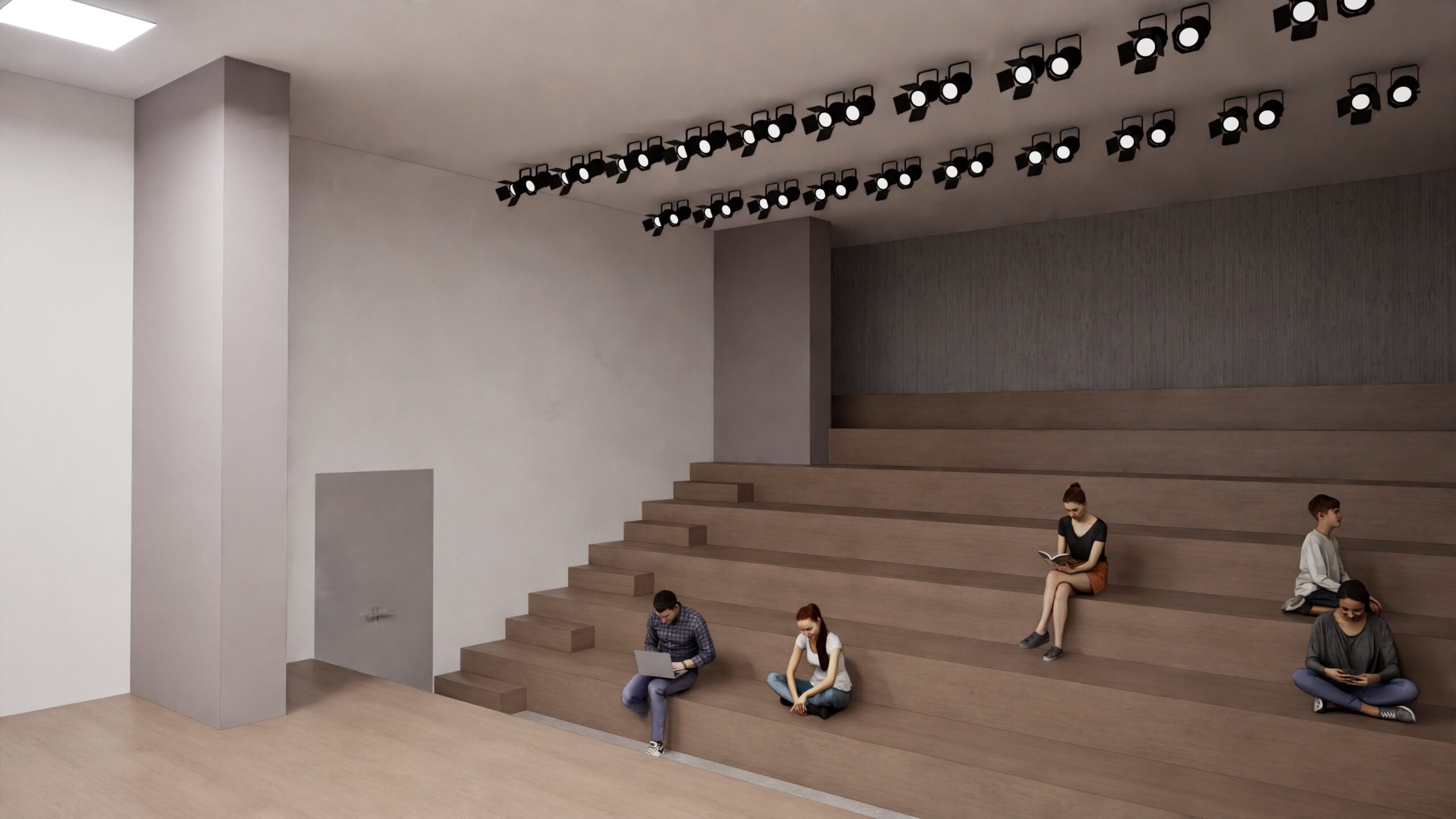 A modern interior rendering of the Lakoniki School auditorium featuring tiered wooden seating where students are casually seated, working on laptops and reading, with a minimalist aesthetic, neutral color palette, and a stage backdrop with integrated lighting. By Modify Architects