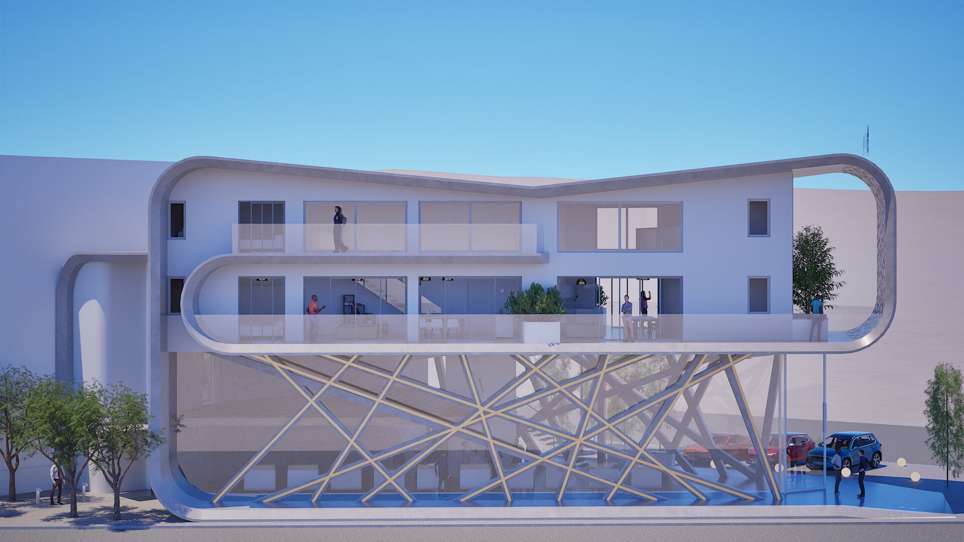 Architectural rendering of the Spata mixed-use building featuring a unique, curved facade with a geometric, open-structure ground floor designed for parking, and upper levels with balconies and residential or office spaces, set against a clear blue sky. By Modify Architects