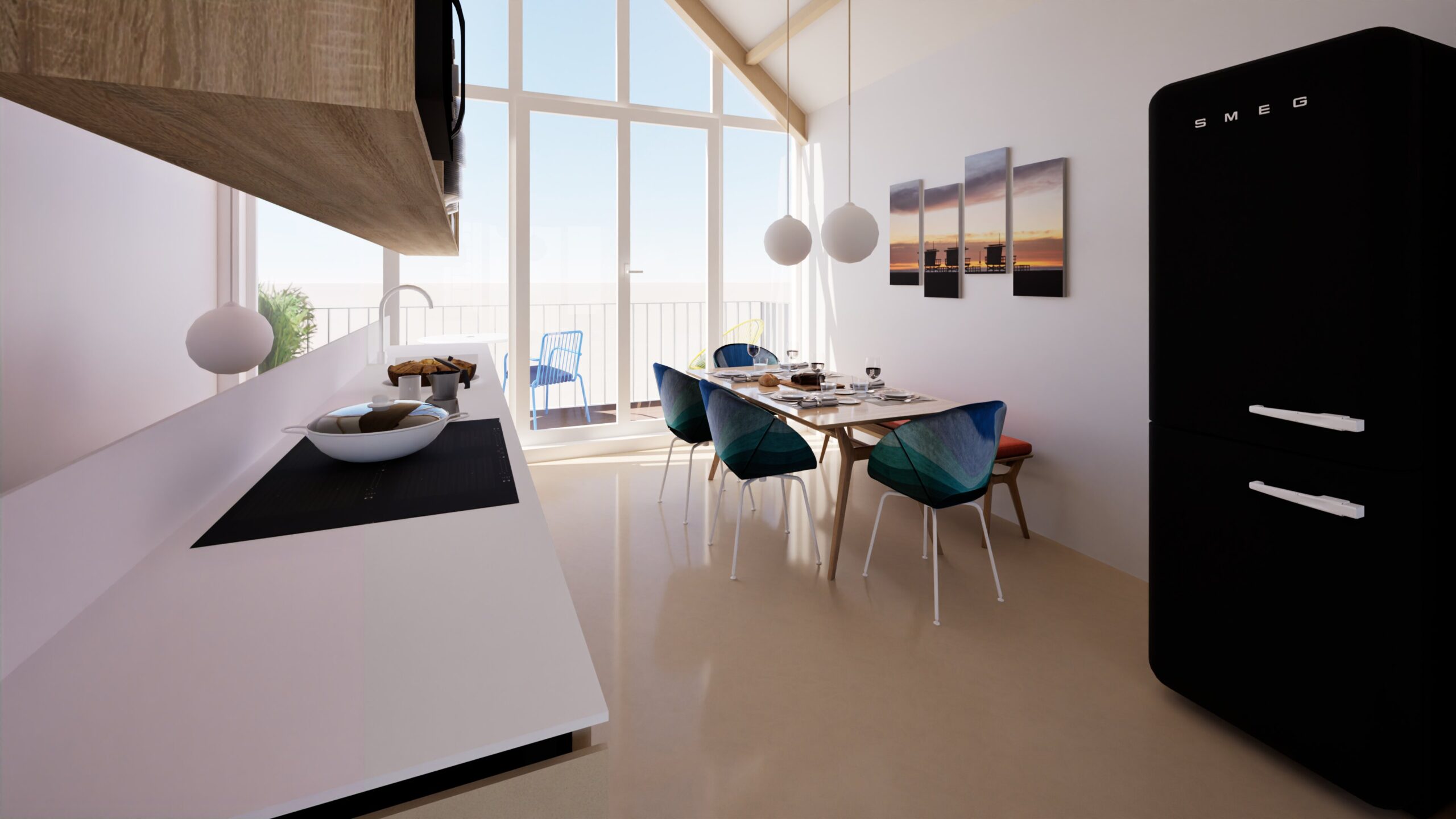 A bright and modern kitchen and dining area with a sleek white countertop, wooden cabinets, a Smeg refrigerator, and a dining table set for a meal, overlooking a balcony with a view of waterfront buildings and a sunset sky, illuminated by spherical pendant lights. By Modify Architects