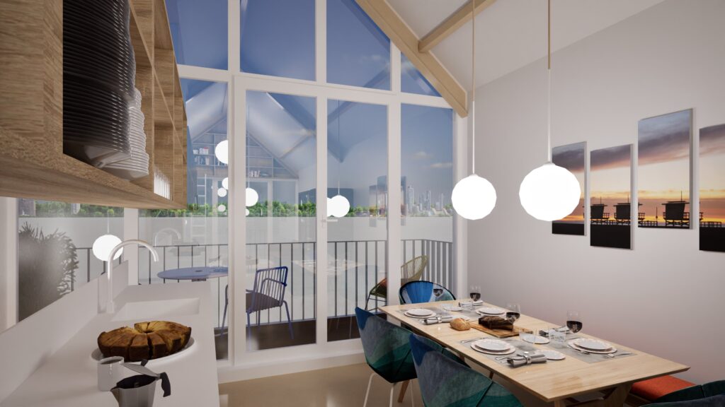 Modern interior view of a bright, open-plan kitchen and dining area with large windows overlooking a waterfront cityscape, featuring contemporary furniture and a minimalist aesthetic. By Modify Architects