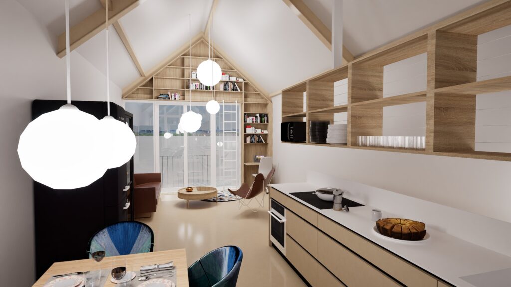 Bright, airy interior design of a modern apartment in Houthavenkade, featuring a light wood built-in bookcase, white countertops, and a dining area with colorful chairs, showcasing a comfortable and stylish living space with natural light and a view of the water. By Modify Architects