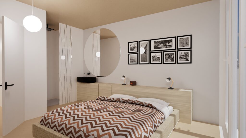 Modern bedroom interior featuring a queen-sized bed with a chevron patterned duvet, a circular mirror above a light wood vanity, and a gallery wall of black and white framed photographs, illuminated by bedside lamps and a spherical ceiling light. By Modify Architects