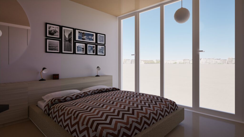 Bright, modern bedroom interior with a large window overlooking a waterfront cityscape, featuring a zigzag patterned bedspread, minimalist furniture, and framed black and white photographs on the wall. By Modify Architects
