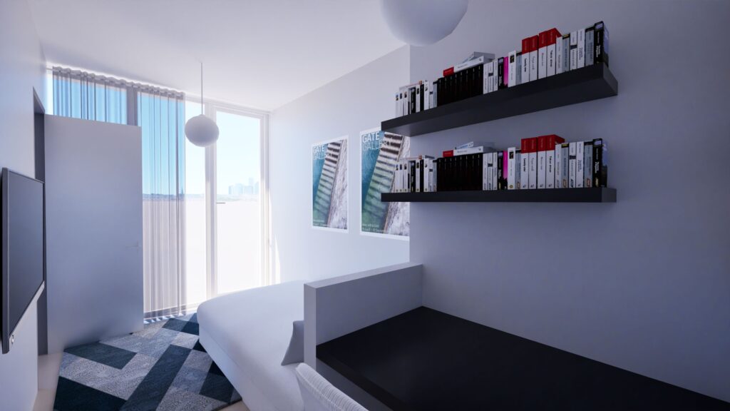 A bright, modern interior rendering of a room in the 1165 – Houthavenkade project, featuring a large window with sheer curtains offering a view of the water and cityscape, a dark wood desk, and long floating black bookshelves filled with books and decorative objects. The room is minimally furnished with a gray sofa and a patterned rug, illuminated by recessed lighting and a pendant lamp. By Modify Architects