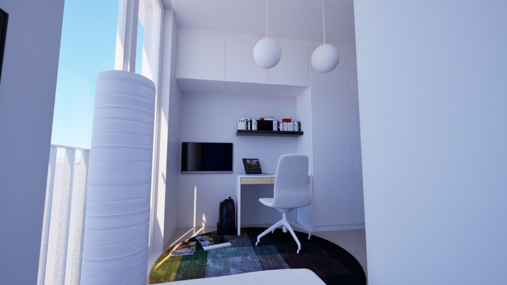 A bright, modern interior featuring a minimalist home office setup with a white desk, chair, and built-in shelving. A large, fluted column stands beside a window with sheer white curtains, offering a view of the exterior. The color palette is primarily white with accents of black and colorful books and magazines, creating a clean and inviting workspace. By Modify Architects