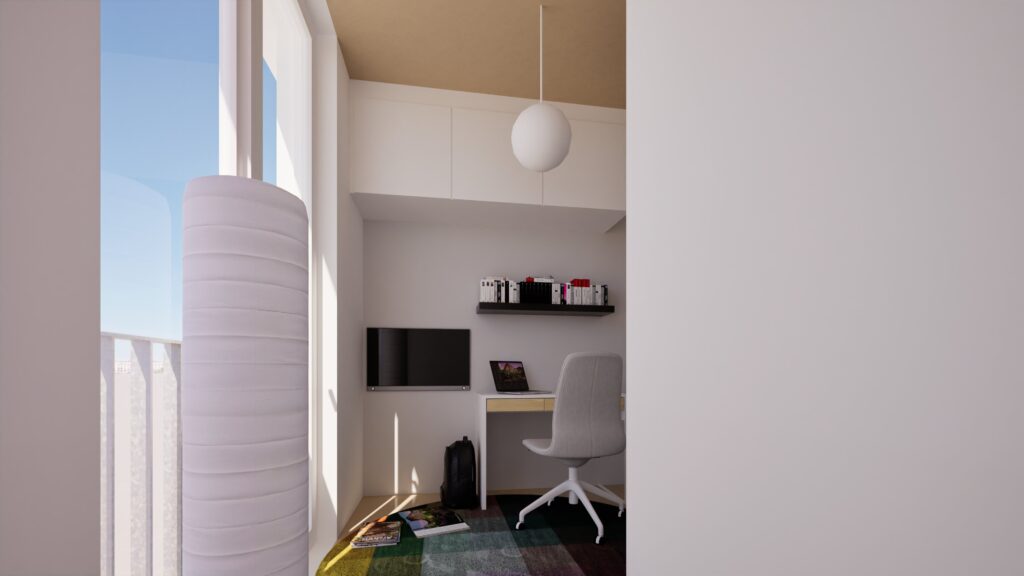 A bright, minimalist home office interior with a white desk, ergonomic chair, and a wall-mounted television, featuring a colorful rug and a view through a curved white column to a blue sky. By Modify Architects