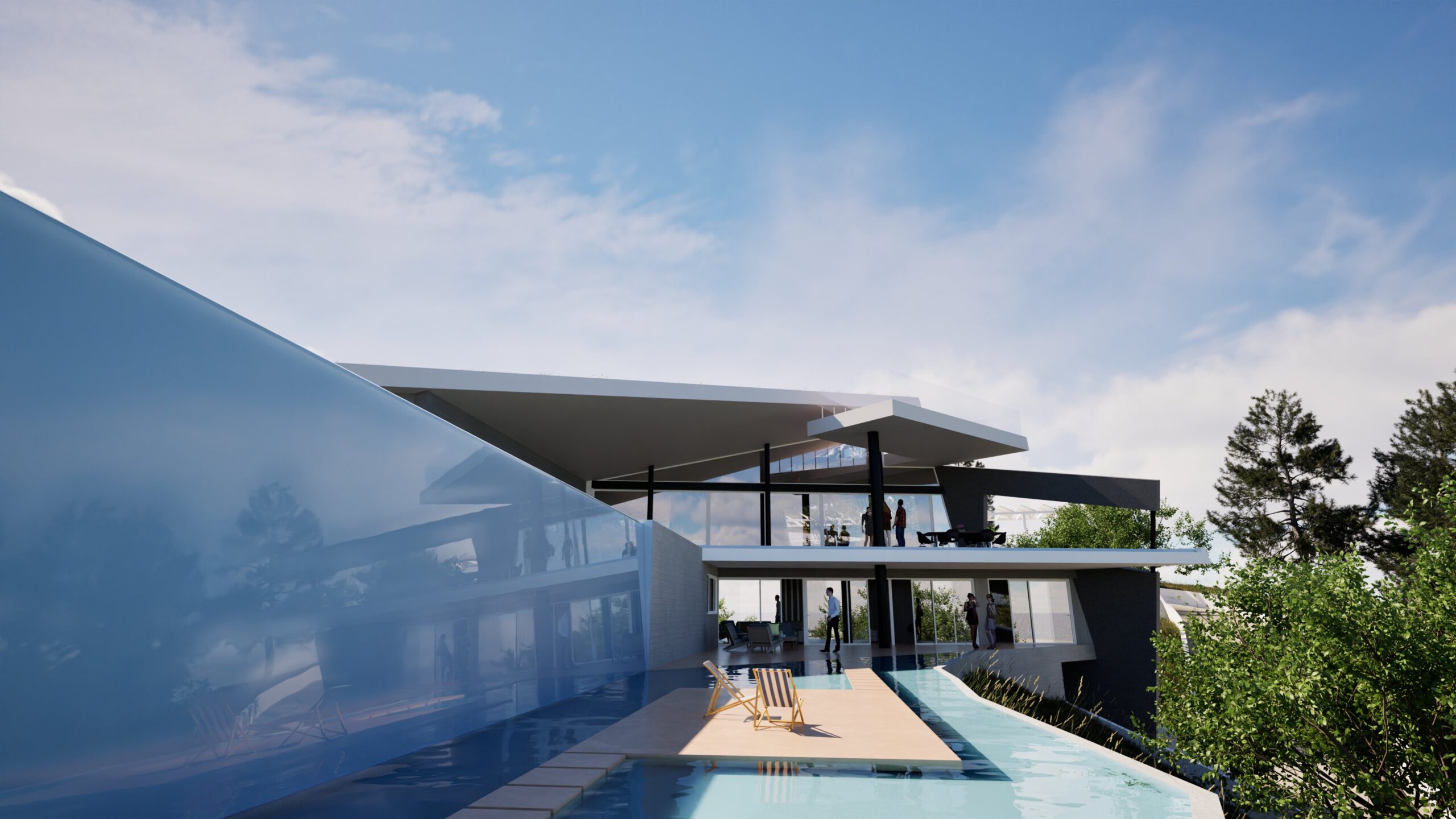 A stunning architectural rendering of a modern, cantilevered residence with a sleek design, featuring expansive glass walls, a rooftop terrace with people, and an infinity pool seamlessly blending with the surrounding landscape under a bright blue sky with scattered clouds. By Modify Architects