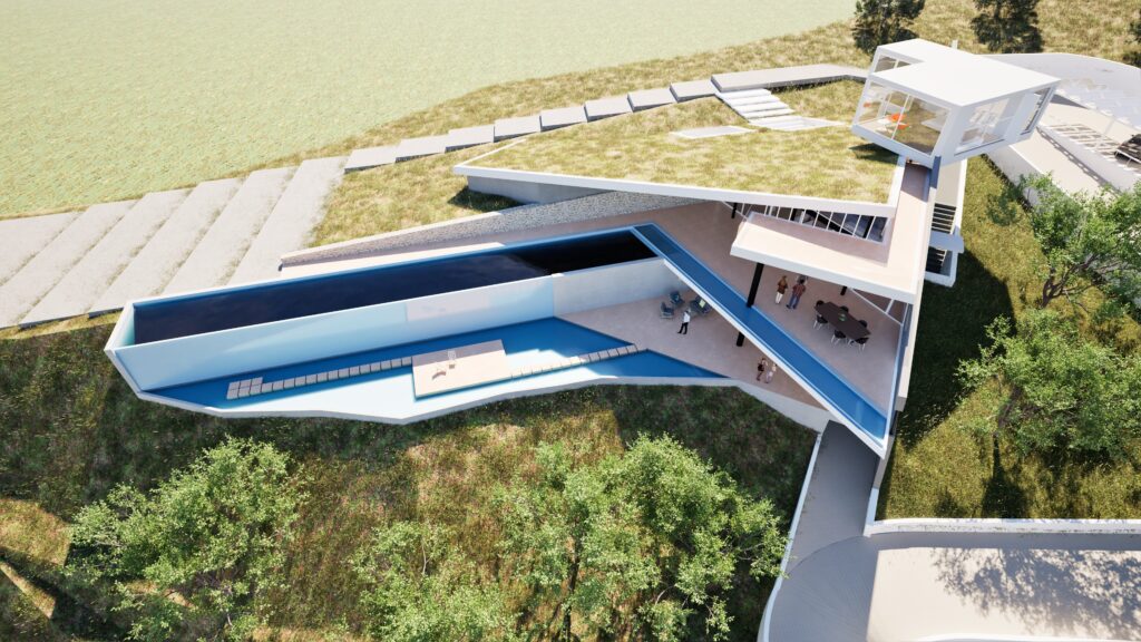 Aerial view of a modern, luxurious hillside residence with a striking blue swimming pool, integrated into a green landscape. The house features clean lines, expansive terraces, and a minimalist aesthetic, with people visible enjoying the outdoor spaces. The surrounding terrain is lush and hilly, with pathways leading to the property. By Modify Architects