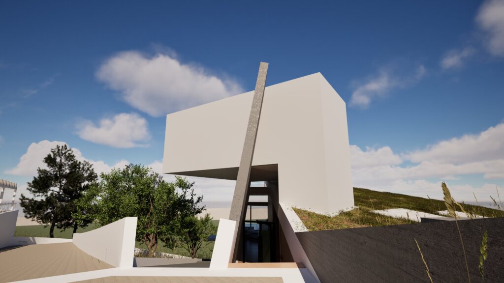 A low-angle exterior view of a modern, geometric residence built into a hillside. The house features a stark white facade with a dramatic, angled metal accent piece rising vertically. Lush green trees and landscaping surround the building, blending it into the natural terrain. A clear blue sky with fluffy white clouds provides a bright backdrop. The entrance is recessed and framed by clean lines, suggesting a minimalist design aesthetic. By Modify Architects