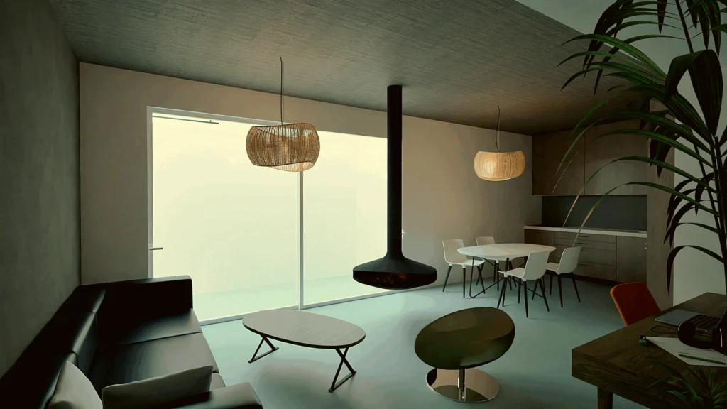 A bright, modern living and dining area with a suspended fireplace, large windows, and minimalist furniture. The space features a neutral color palette with wood accents and a large potted plant, creating a calm and inviting atmosphere. A sleek kitchen is visible in the background, completing the open-plan design. By Modify Architects