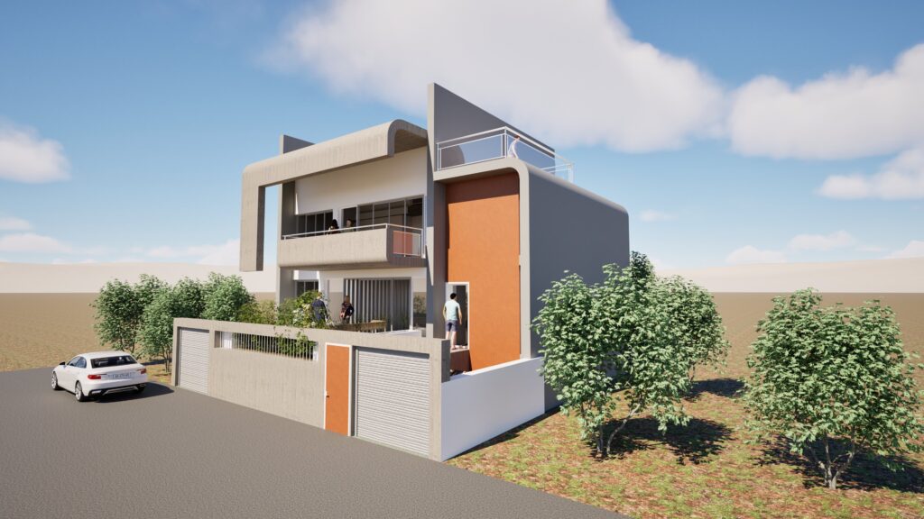 A modern two-story residential building with a flat roof, featuring a combination of white, orange, and gray exterior walls. A balcony with a metal railing is visible on the second floor, and a car is parked in front of a gated entrance. Lush green trees and shrubs surround the property under a bright blue sky with fluffy white clouds. By Modify Architects