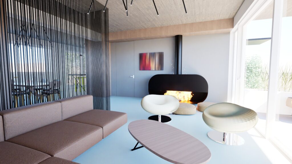 A bright, modern living room interior featuring a low-slung, modular sofa, a striking black fireplace, and large windows offering a glimpse of greenery. The room has a minimalist aesthetic with a light blue floor, gray walls, and a vertical slat feature creating a visual separation. A colorful abstract painting hangs above a built-in cabinet, and sculptural white chairs add a touch of organic form to the space. By Modify Architects
