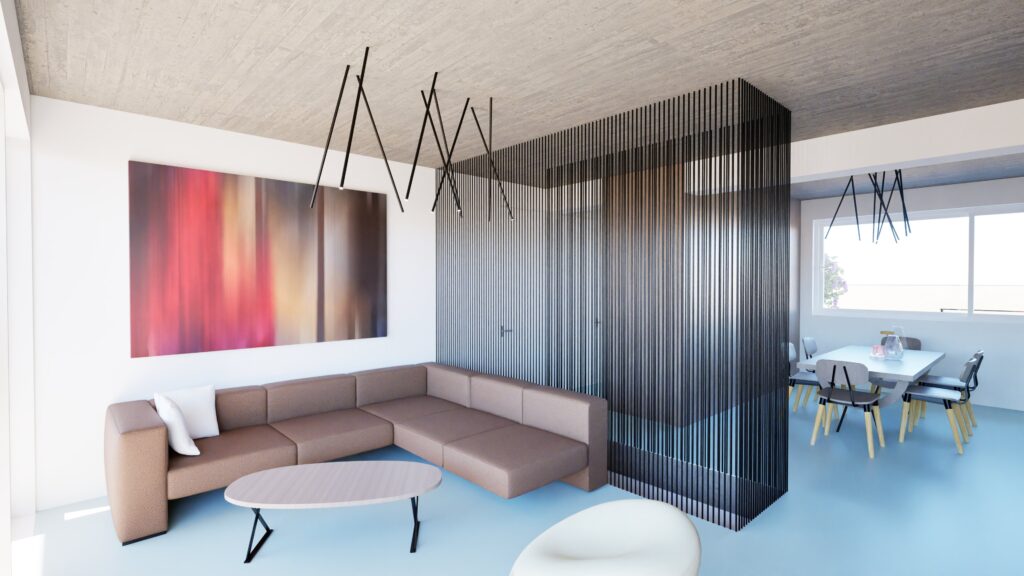 A modern living and dining room interior with a large sectional sofa, a vertical slat wall feature, and a dining table set near a window, showcasing a blend of textures and a contemporary aesthetic with concrete ceiling and light blue flooring. By Modify Architects