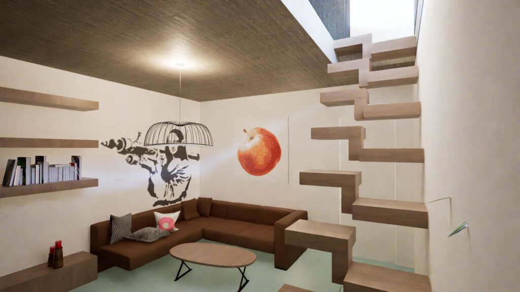A modern living room interior features a brown sectional sofa, a striking wall mural of a moose and a large orange circle, floating wooden shelves, and a unique staircase with staggered wooden treads ascending into a bright upper level. By Modify Architects