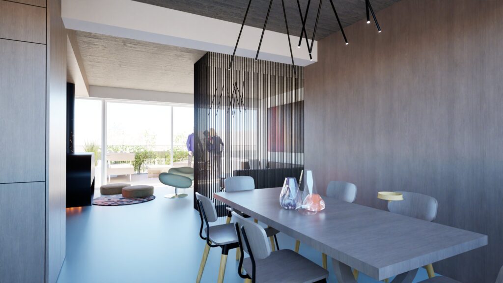 Modern interior design rendering of a dining room with a light grey table and chairs, a vertical slat wood room divider, and a view through large windows to a living area with colorful furniture and a blue floor. The ceiling is concrete with black pendant lights. By Modify Architects