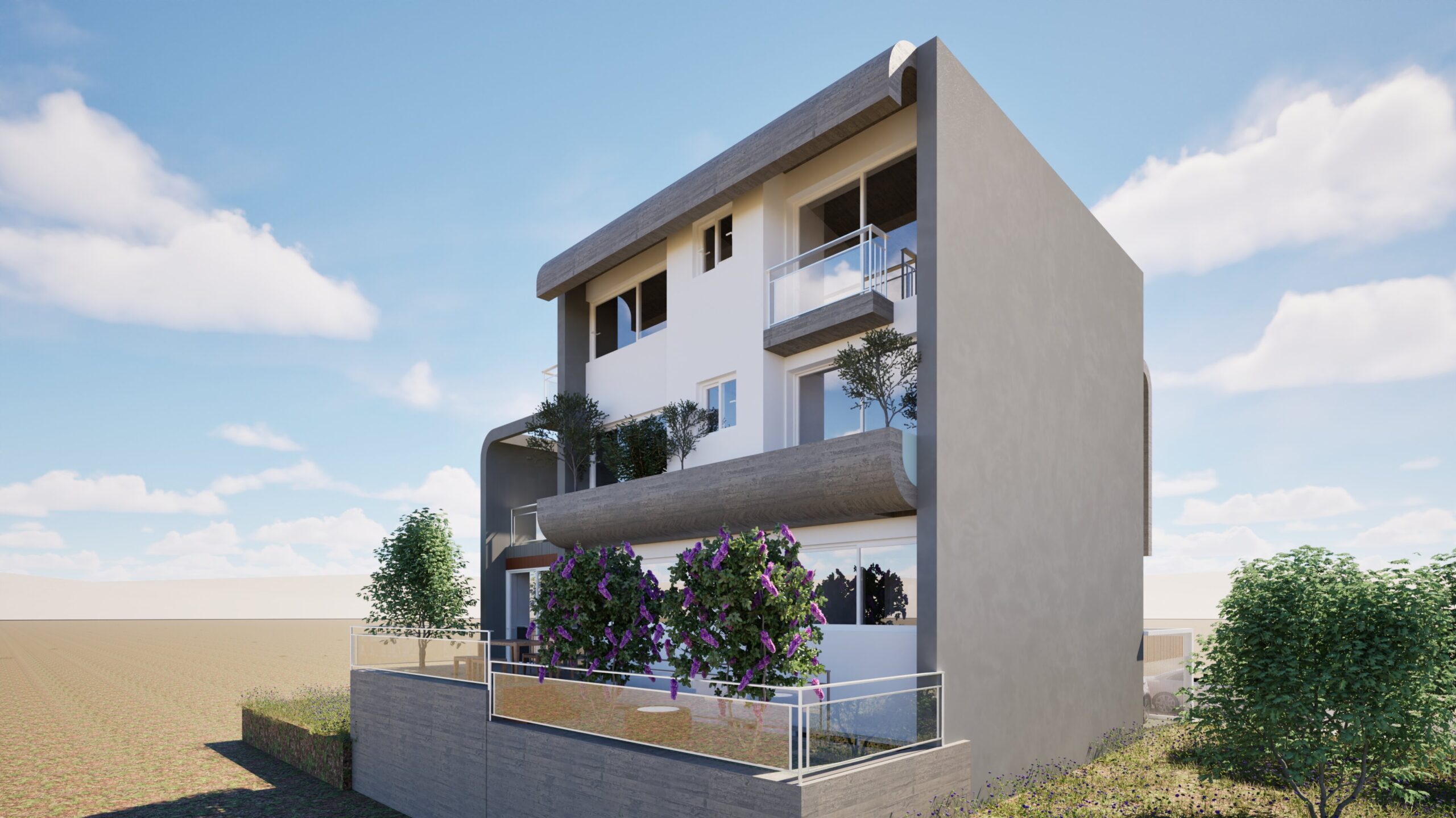 A three-story modern residential building with a white facade and concrete accents, featuring balconies with glass railings and lush landscaping in front, set against a bright blue sky with fluffy white clouds. By Modify Architects