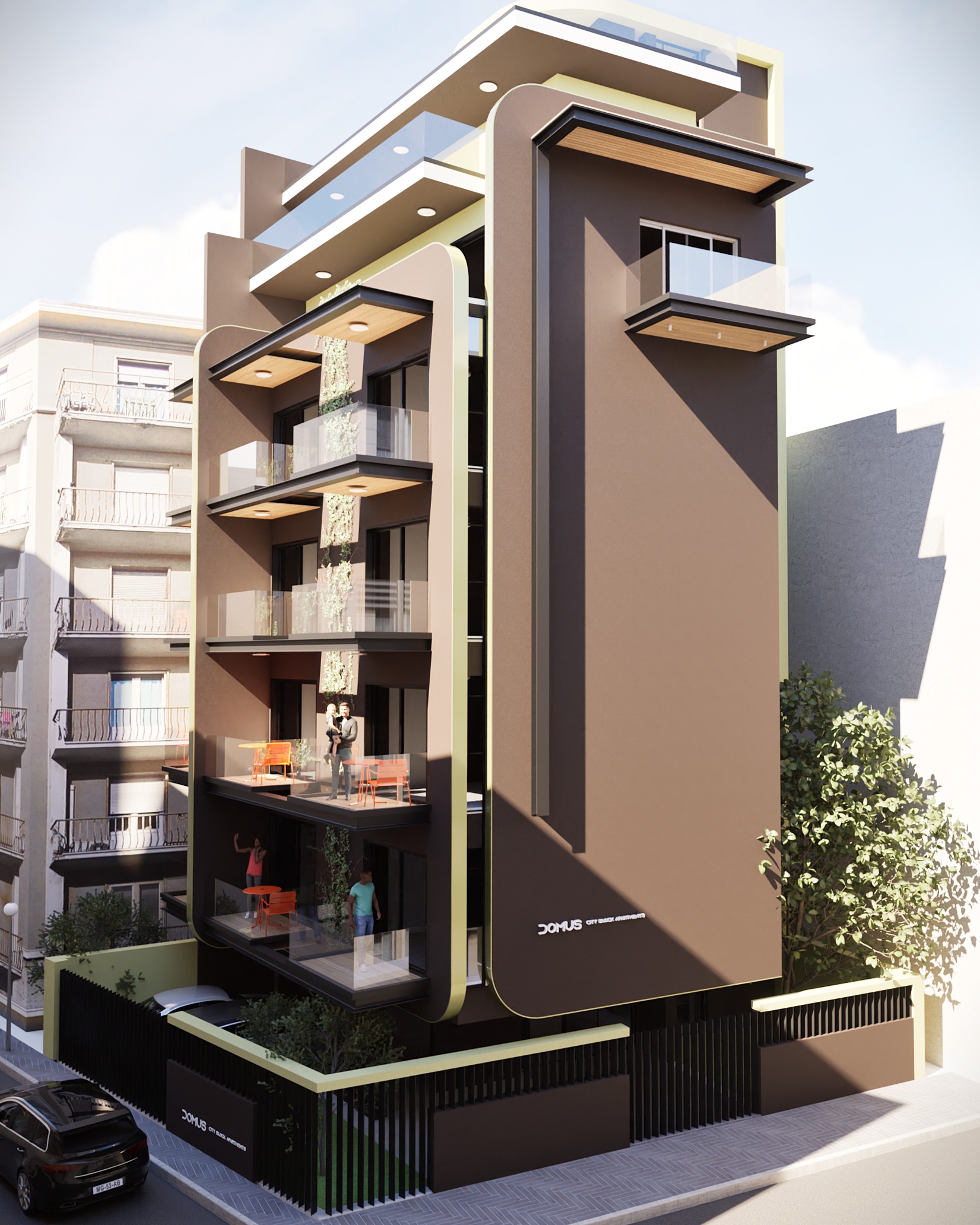 A modern, multi-story residential building with a dark brown facade and curved architectural details, featuring balconies with glass railings and greenery, set in an urban environment with neighboring buildings and a street-level view including a car and landscaping. By Modify Architects