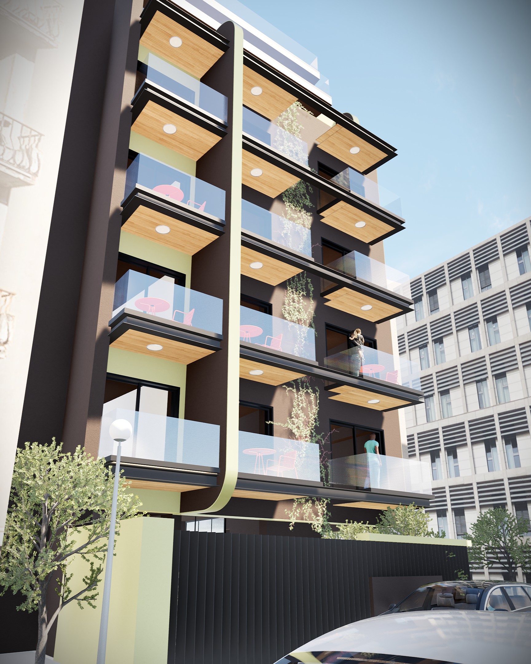 Architectural rendering of a modern, eight-story residential building with balconies featuring glass railings and wooden accents, set against a clear blue sky with surrounding buildings and landscaping visible. By Modify Architects