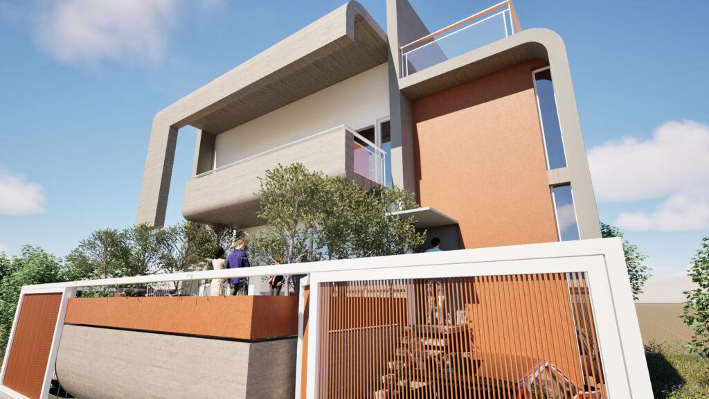 A low-angle view of a modern residential building with a striking facade featuring a combination of concrete, terracotta-colored walls, and glass railings. Balconies extend from the structure, partially obscured by lush greenery, with people visible enjoying the outdoor space. The building is set against a bright blue sky with scattered clouds, emphasizing its contemporary design and integration with the natural environment. By Modify Architects