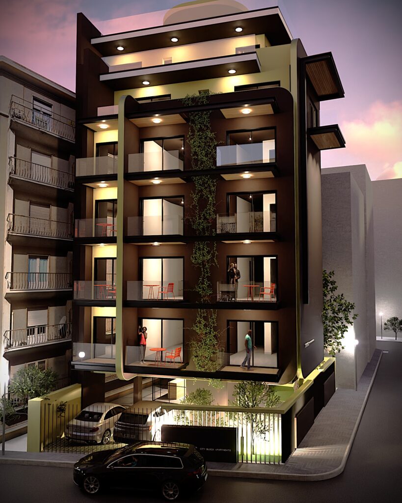 Exterior view of a modern, multi-story residential building with balconies adorned with greenery, illuminated at dusk, featuring a sleek design and a car parked in front of the entrance. By Modify Architects