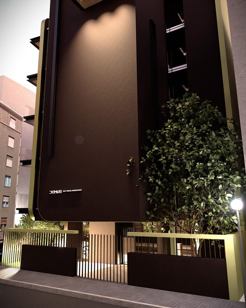 Modern residential building exterior with dark facade, illuminated entrance, lush greenery, and minimalist design, showcasing urban living and architectural detail. By Modify Architects