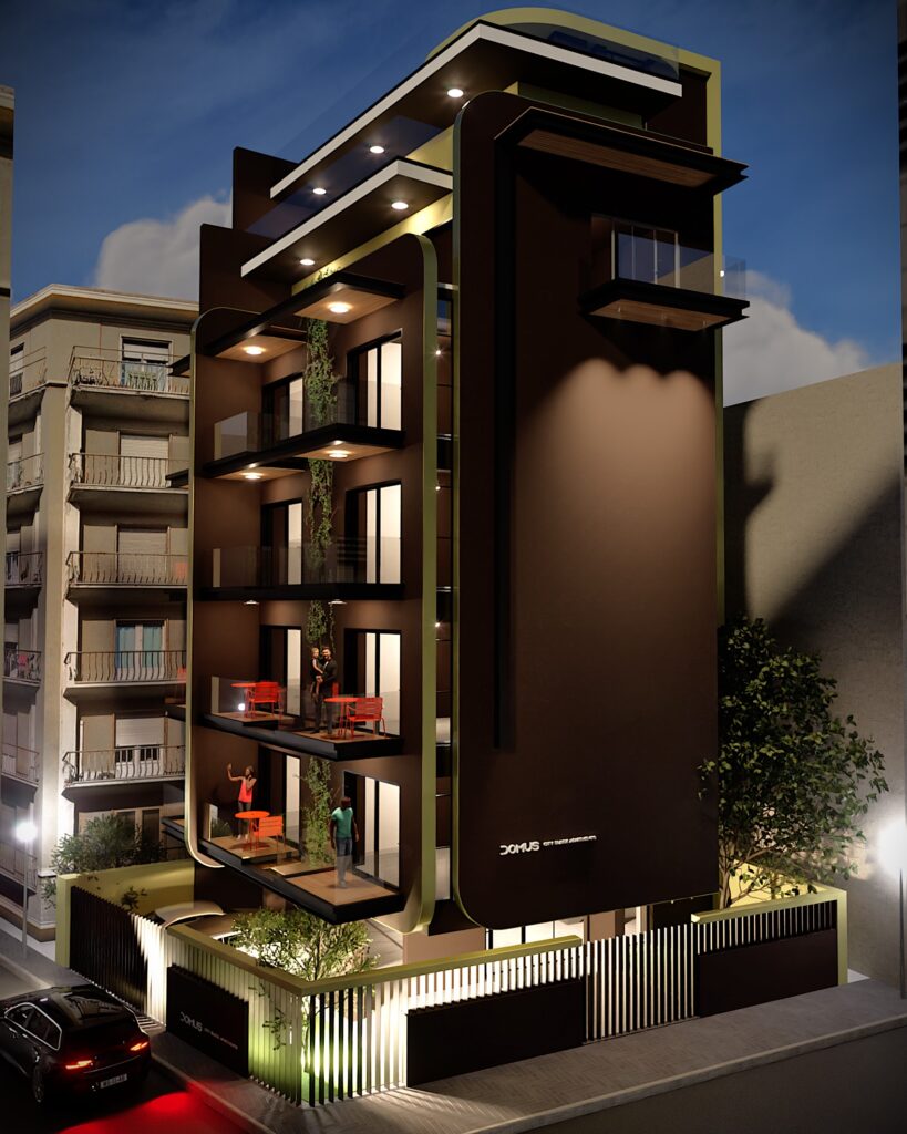 A nighttime rendering of a modern, multi-story residential building with a dark brown facade, illuminated balconies, and sleek architectural details, set within an urban environment with neighboring buildings and a parked car. By Modify Architects