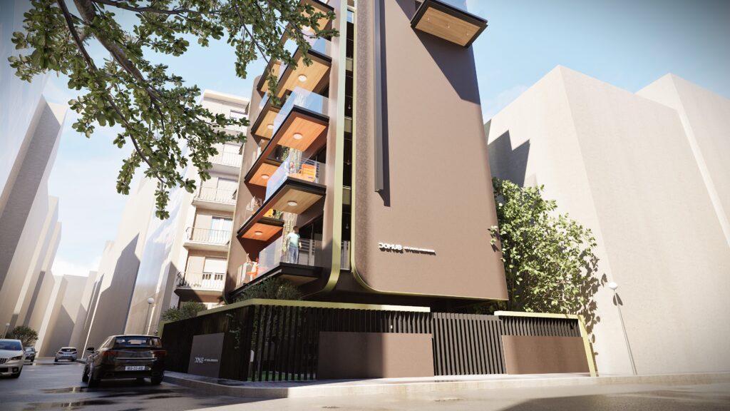 Modern residential complex with dark facade, featuring multiple balconies adorned with lush greenery, and a sleek entrance with integrated landscaping, presented in a realistic architectural rendering. By Modify Architects